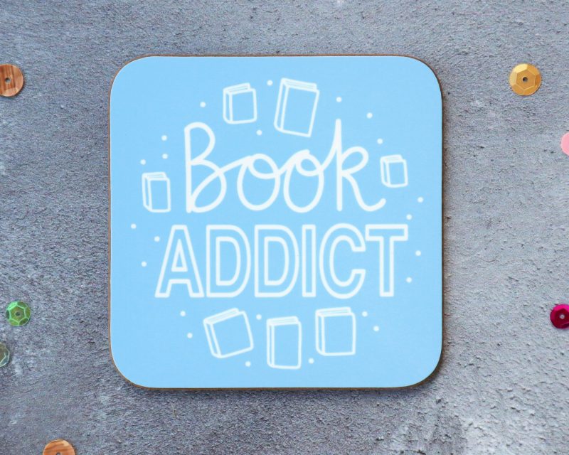Book Addict Coaster Blue Background Gifting Moon