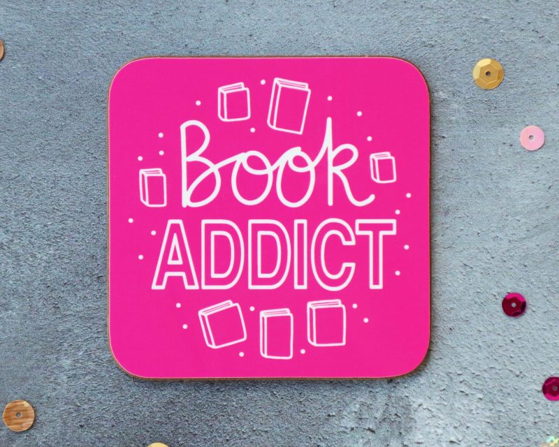 Book Addict Coaster Pink Background Gifting Moon