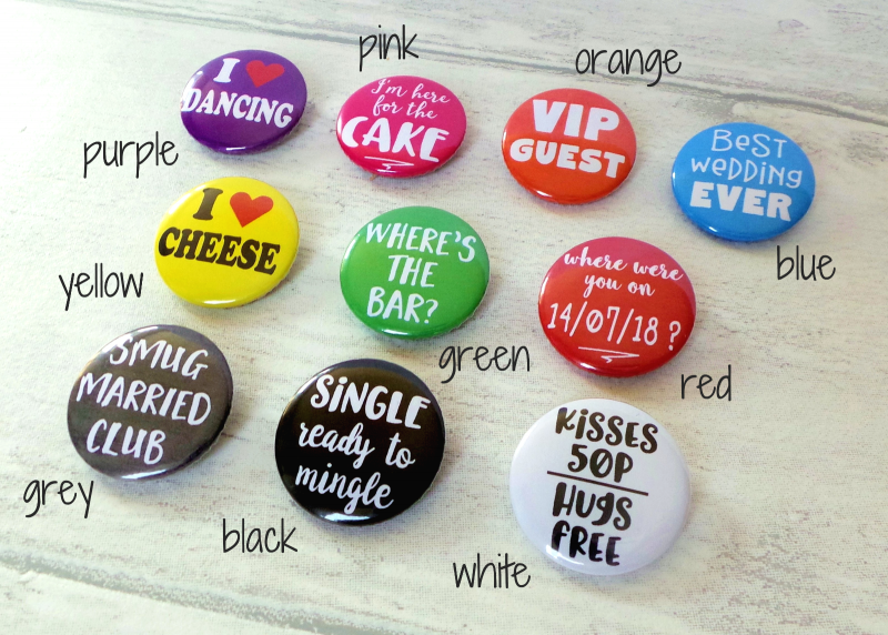 Funny Wedding Badges Colour Choices at Gifting Moon