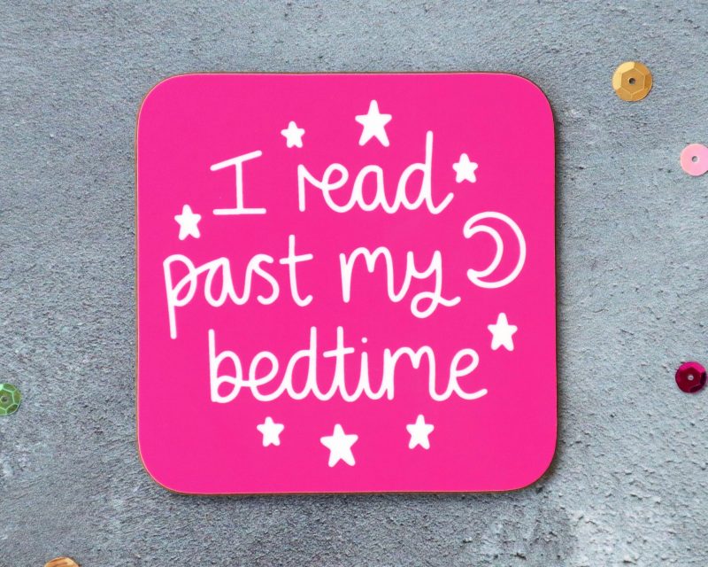 I Read Past My Bedtime Coaster Pink Background Gifting Moon