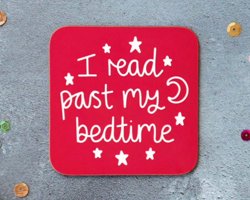 I Read Past My Bedtime Coaster Red Background Gifting Moon